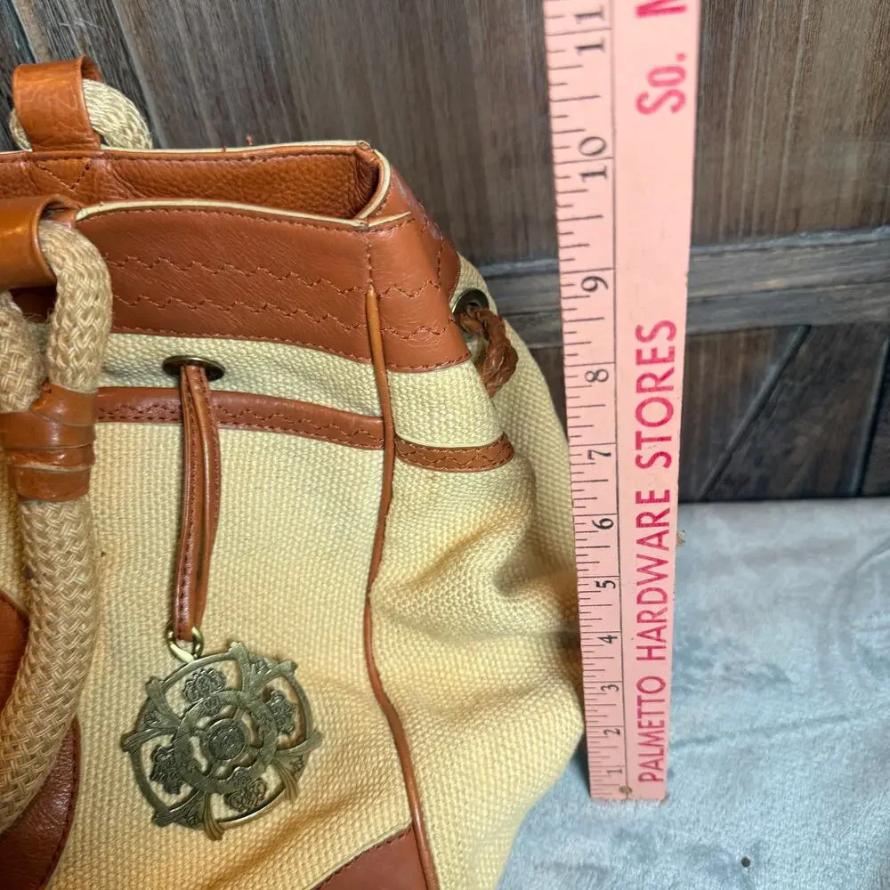Kate Landry Canvas Leather Rope Handle Tote Satchel Beach Bag Large Beige